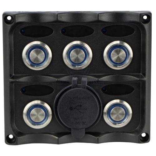 SWITCH PANEL RELAXN PUSH BUTTON SS 5 GANG W/DUAL USB & LED INDICATORS 530711