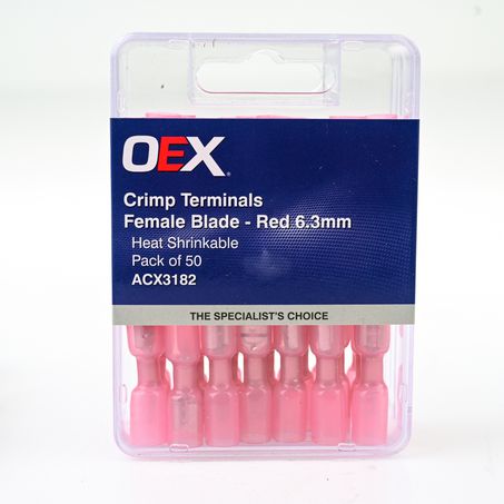 CRIMP TERMINAL FEMALE BLADE RED TERMINAL ENTRY 6.3 X 0.8MM HEAT SHRINKABLE 50 PCE ACX3182