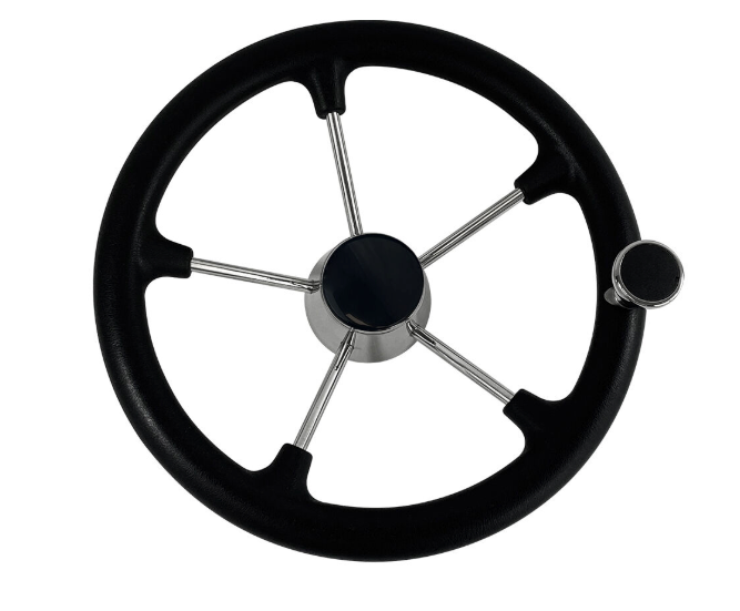 STEERING WHEEL BLACK STAINLESS STEEL WITH KNOB & BLACK CAP 343MM JPW19312