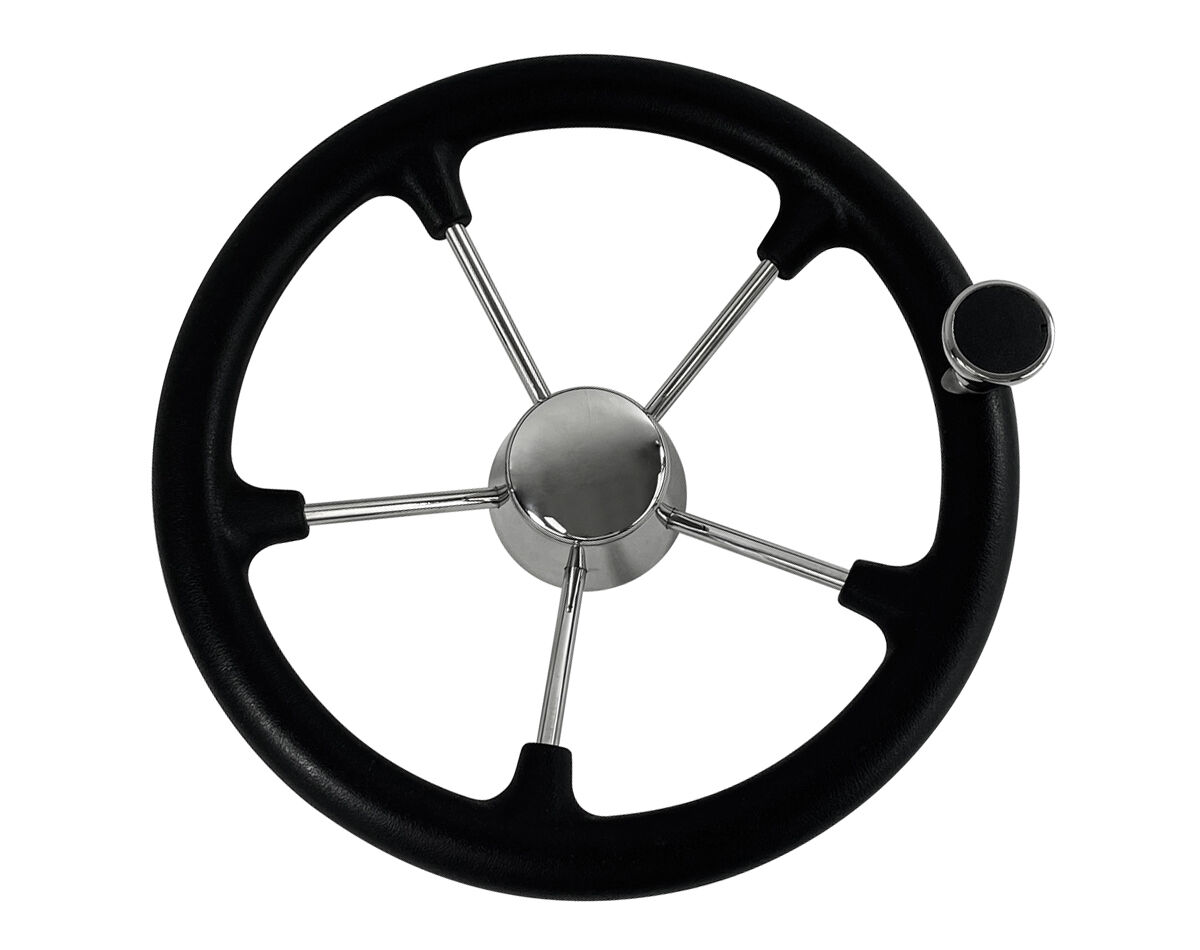 STEERING WHEEL BLACK STAINLESS STEEL WITH KNOB & STEEL CAP 343MM JPW19314