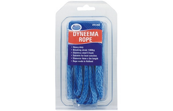 DYNEEMA WINCH ROPE 4MM X 6M WITH S HOOK - 1300KG BREAKING STRAIN JPW6512