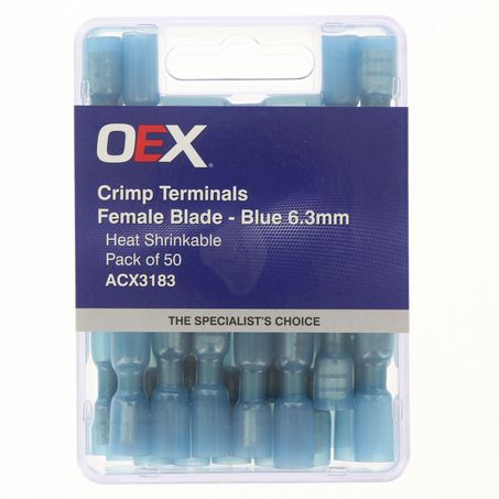 CRIMP TERMINAL FEMALE BLADE BLUE TERMINAL ENTRY 6.3 X 0.8MM HEAT SHRINKABLE 50 PCE ACX3183